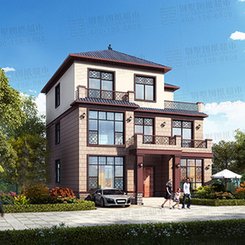 中式风格带车库自建房三层别墅设计图纸
